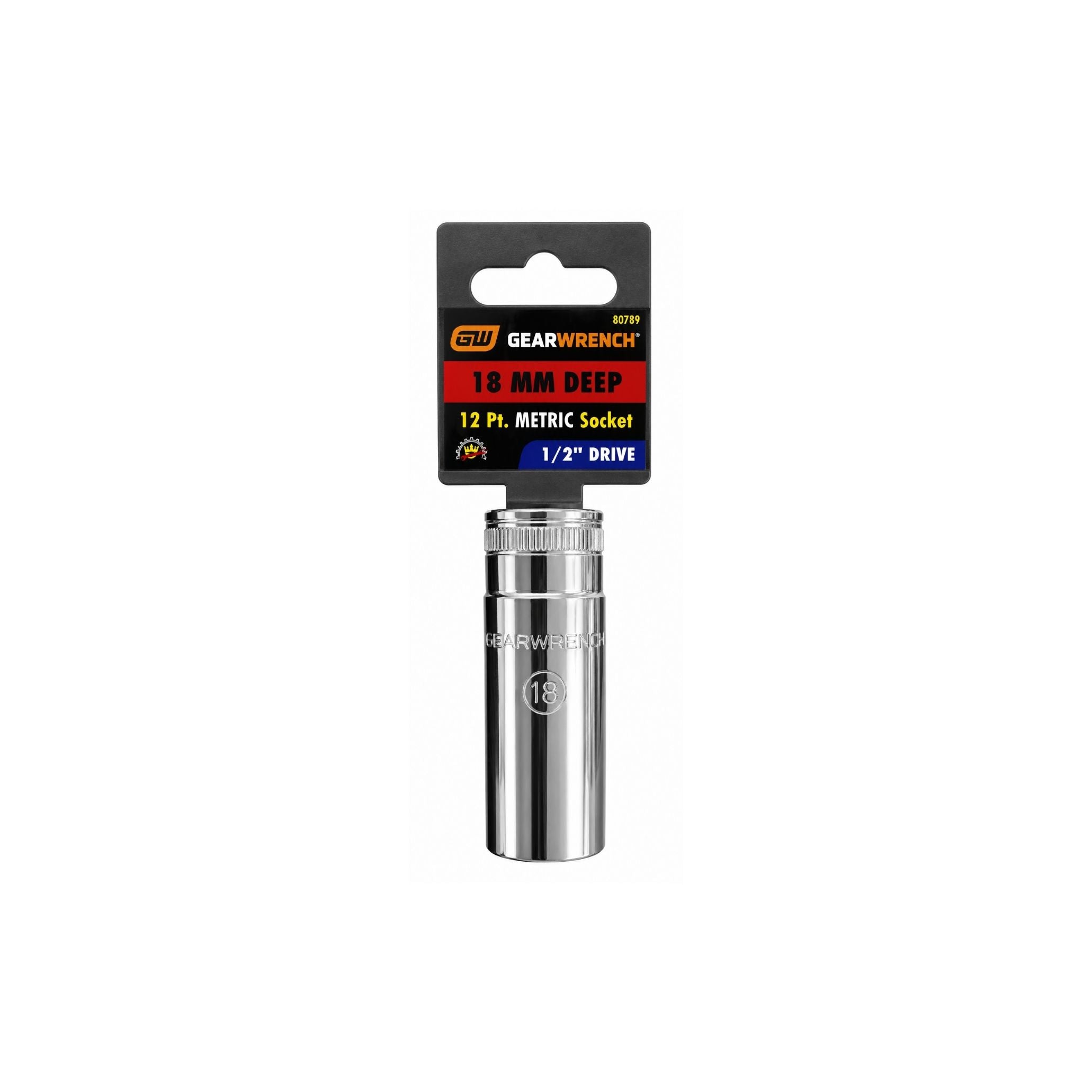 GEARWRENCH 18mm Deep Metric Socket, 12-Point, 1/2" Drive (Model 80789)