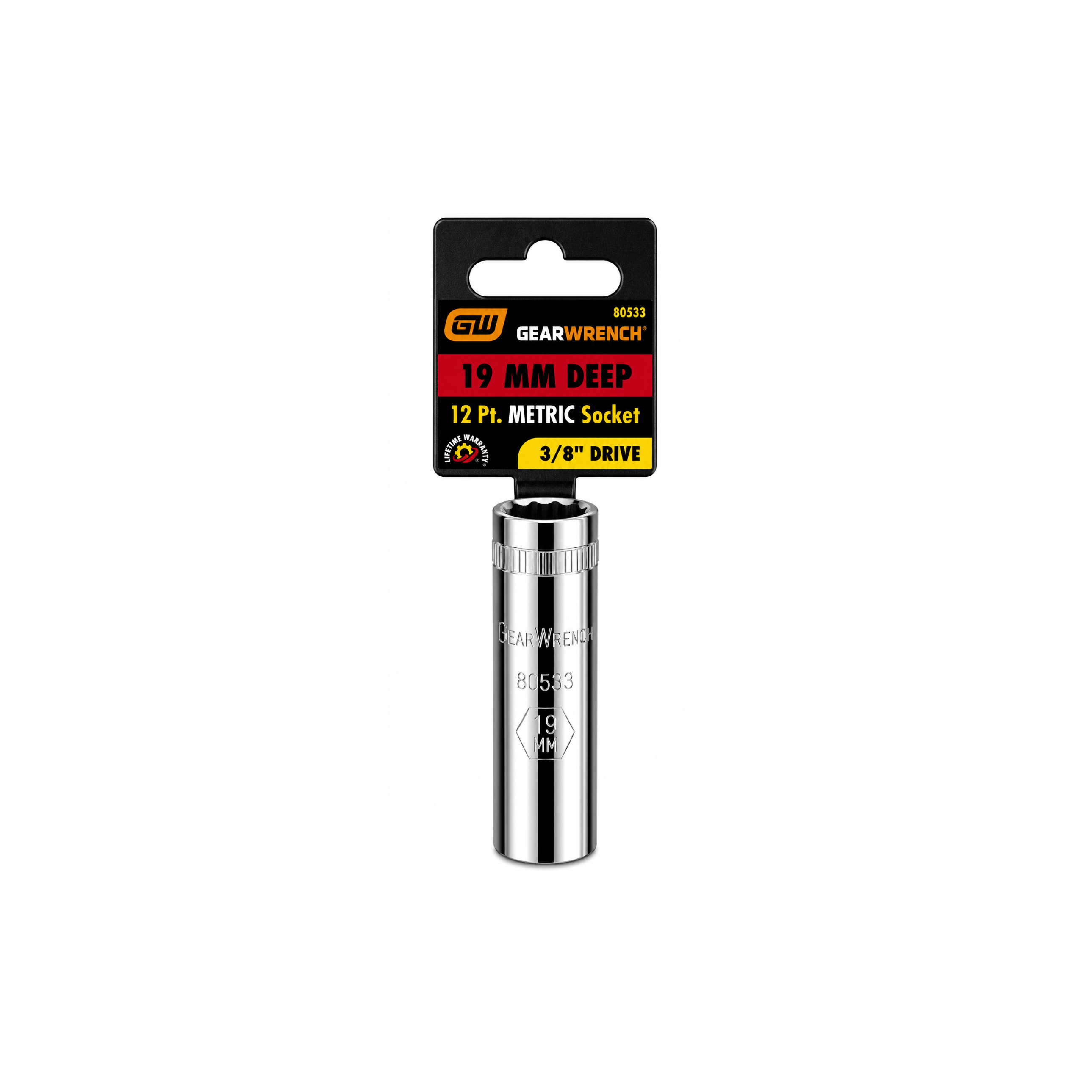GEARWRENCH 19mm Deep Metric Socket, 12-Point, 3/8" Drive (Model 80533)